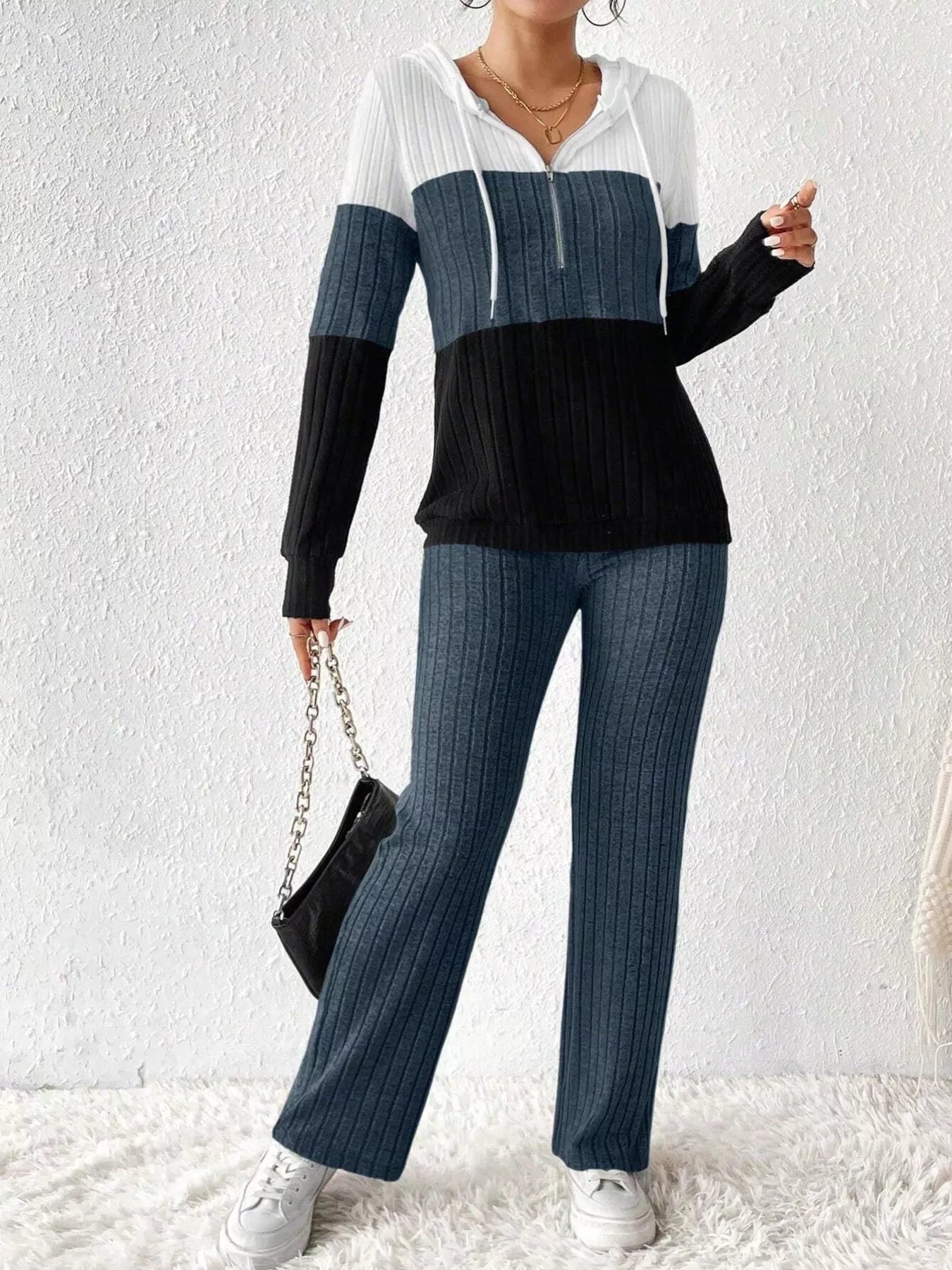 Women Color Block Half Zip Hooded Top and Pants Set NicholesGifts