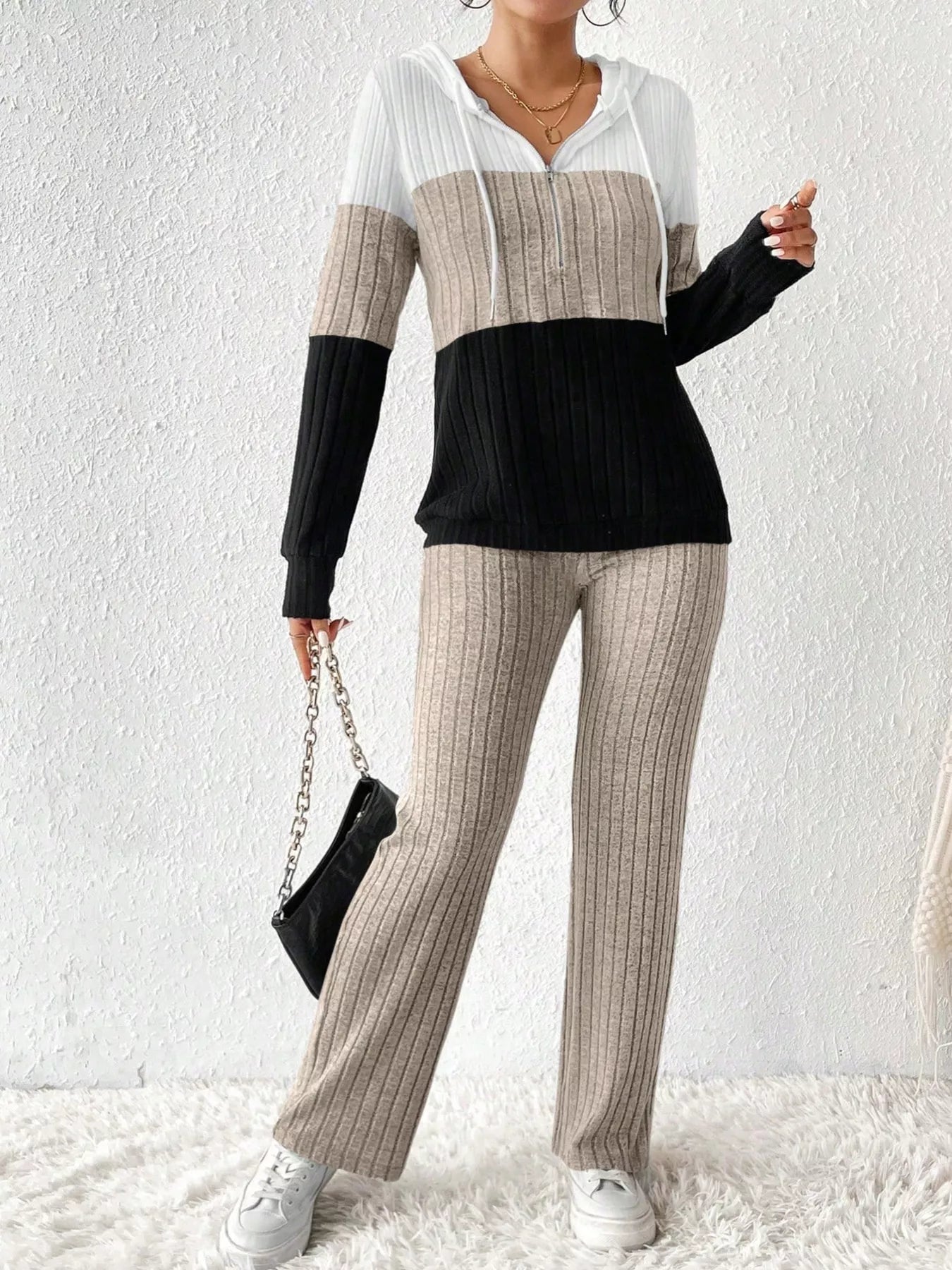 Women Color Block Half Zip Hooded Top and Pants Set NicholesGifts