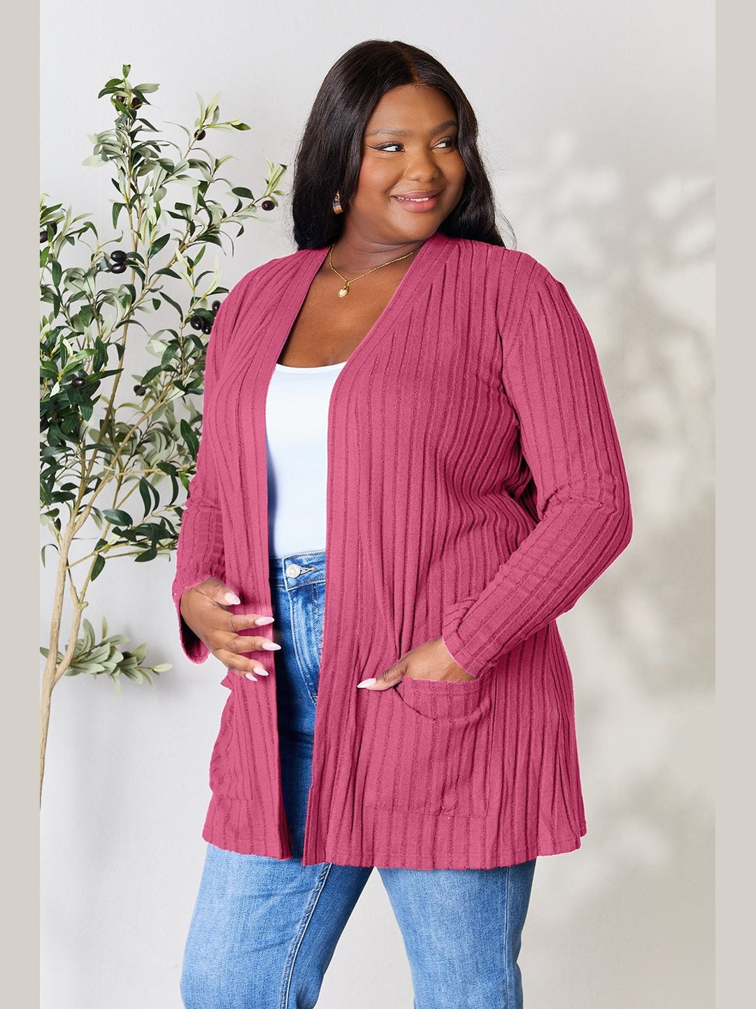 NicholesGifts Women Basic Bae Full Size Ribbed Open Front Cardigan with Pockets NicholesGifts