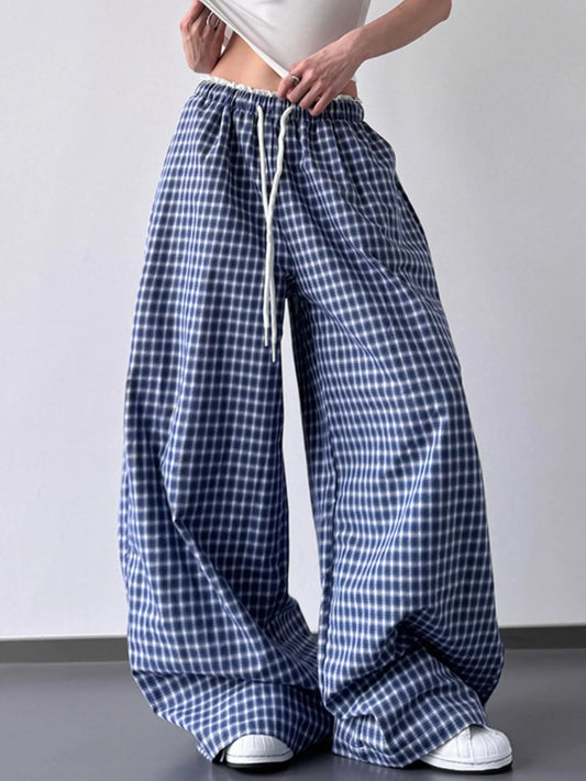 Drawstring Plaid Wide Leg Pants Trendsi