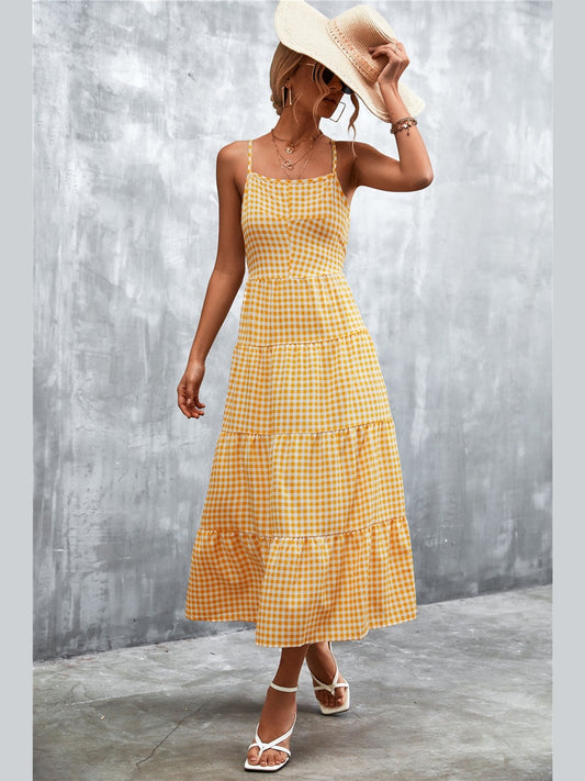 Women Plaid Square Neck Tan Colored Midi Cami Dress