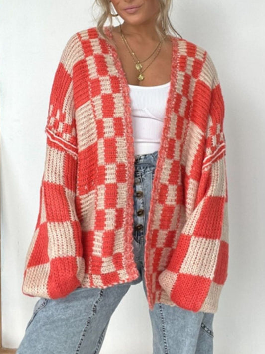 Women Plaid Open Front Long Sleeve Cardigan