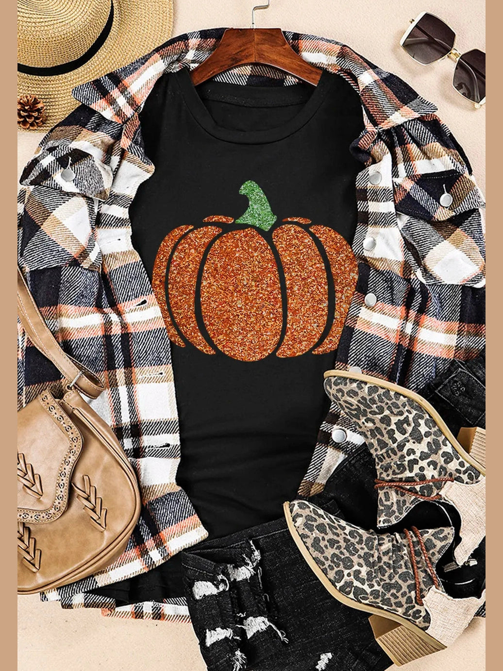 Glitter Pumpkin Round Neck Short Sleeve T-Shirt nicholesgifts
