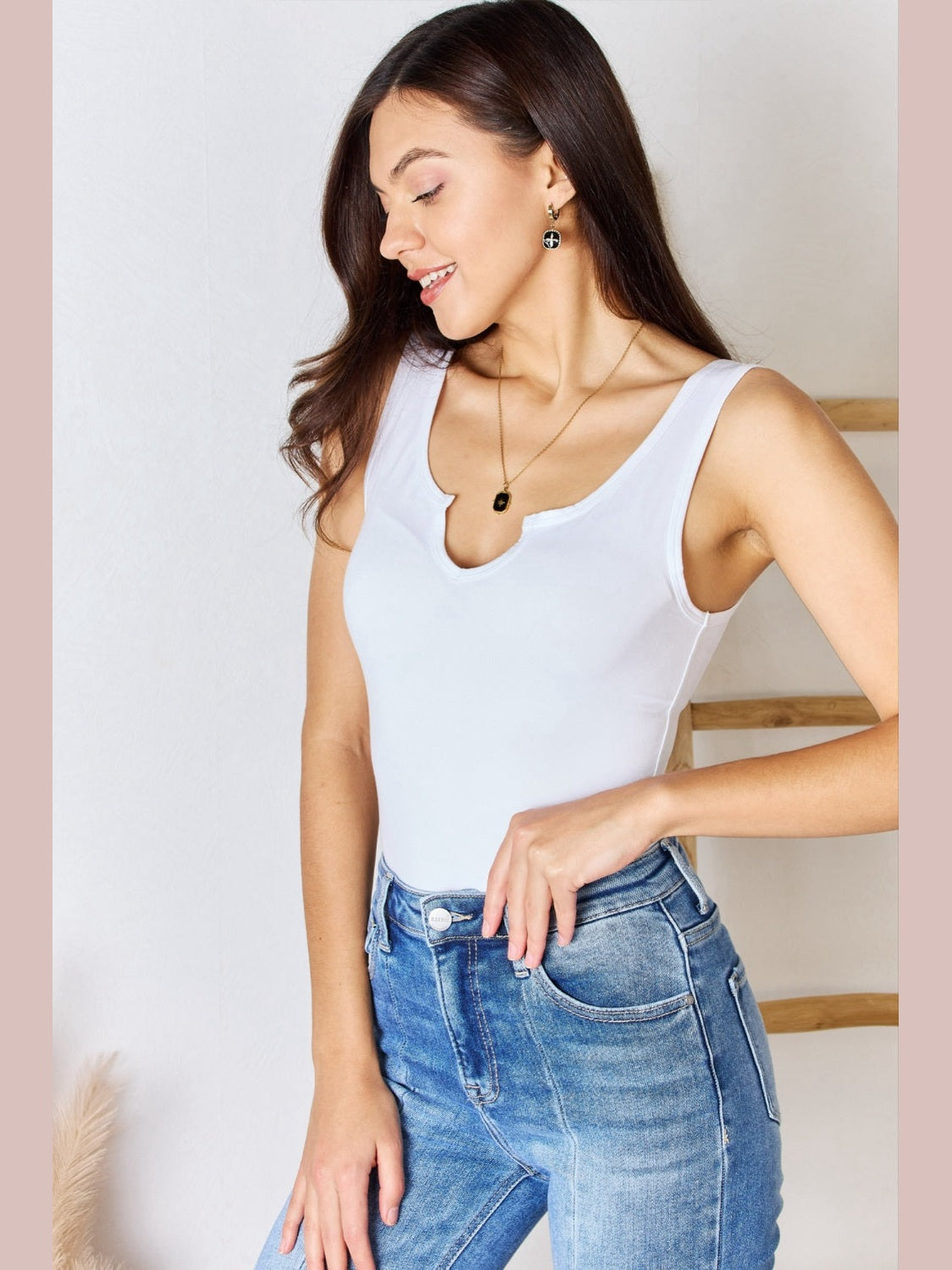 Zenana Microfiber Notched Sleeveless Bodysuit NicholesGifts