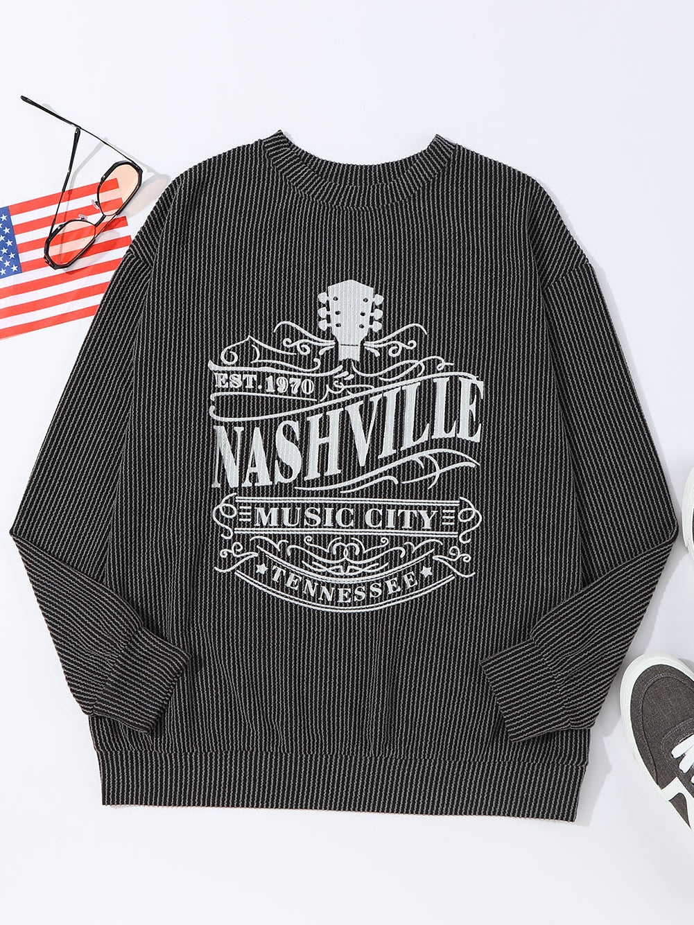 Ribbed Round Neck Long Sleeve Graphic Sweatshirt NicholesGifts