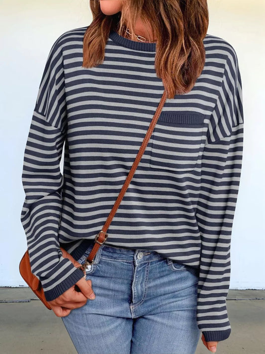 Striped Round Neck Long Sleeve Knit Top