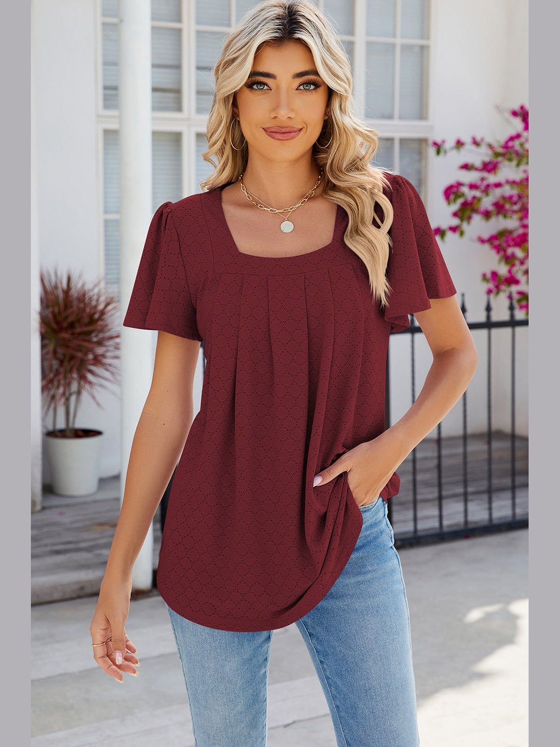 Women Eyelet Square Neck Flutter Sleeve Blouse