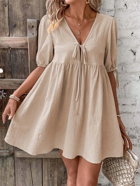 V-Neck Tie-Front Mini Dress with Puff Sleeves NicholesGifts