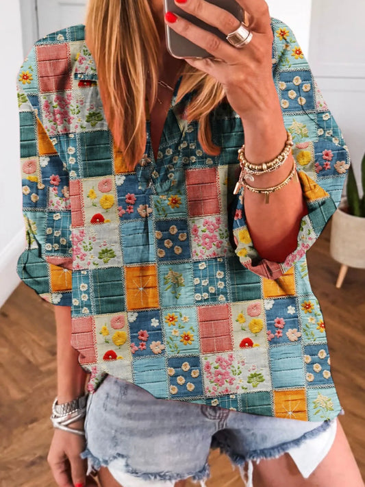 Patchwork Print Notched Long Sleeve Blouse NicholesGifts