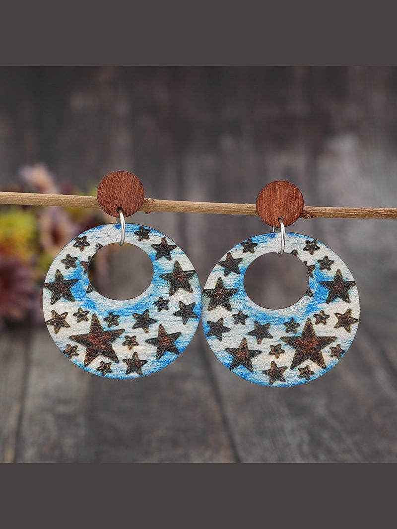 Cutout Star Print Wooden Dangle Earrings