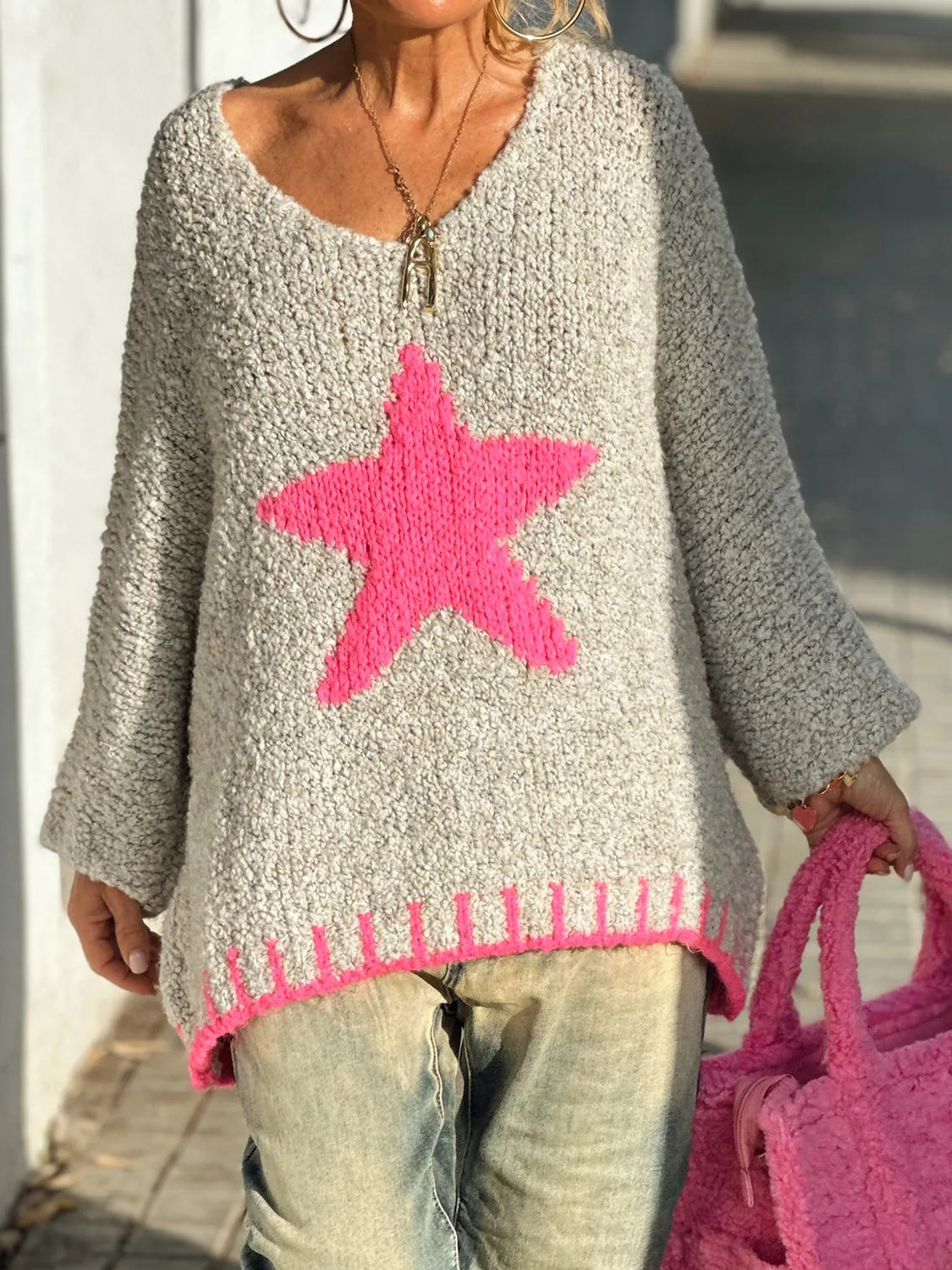 Star V-Neck Long Sleeve Oversize Sweater NicholesGifts