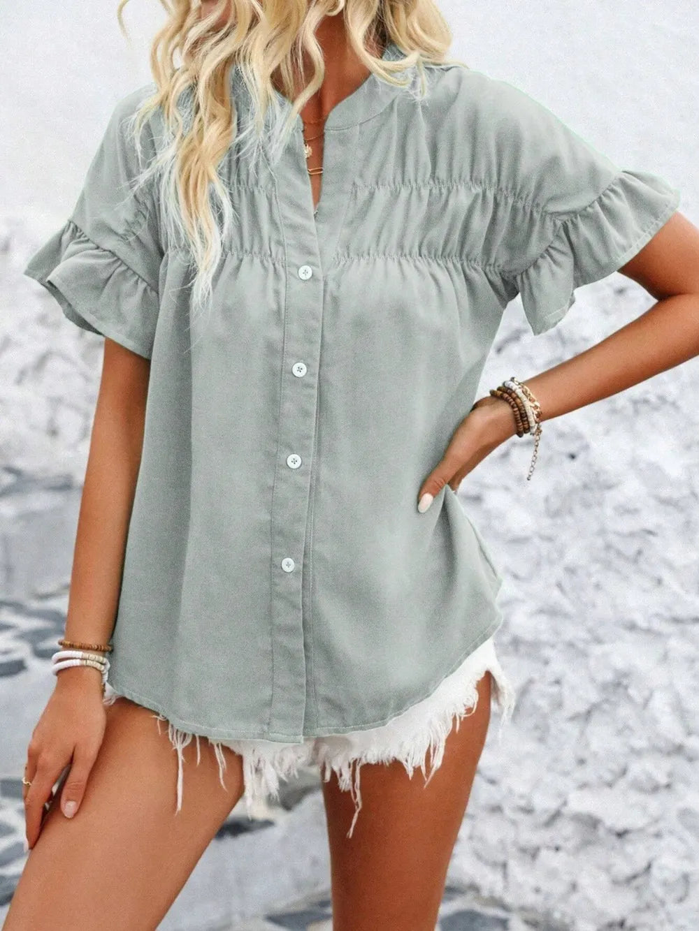 Button Down Ruffled Short Sleeve Shirt