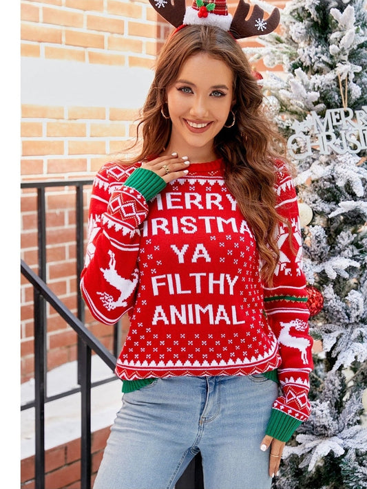 Letter Graphic Round Neck Long Sleeve Sweater