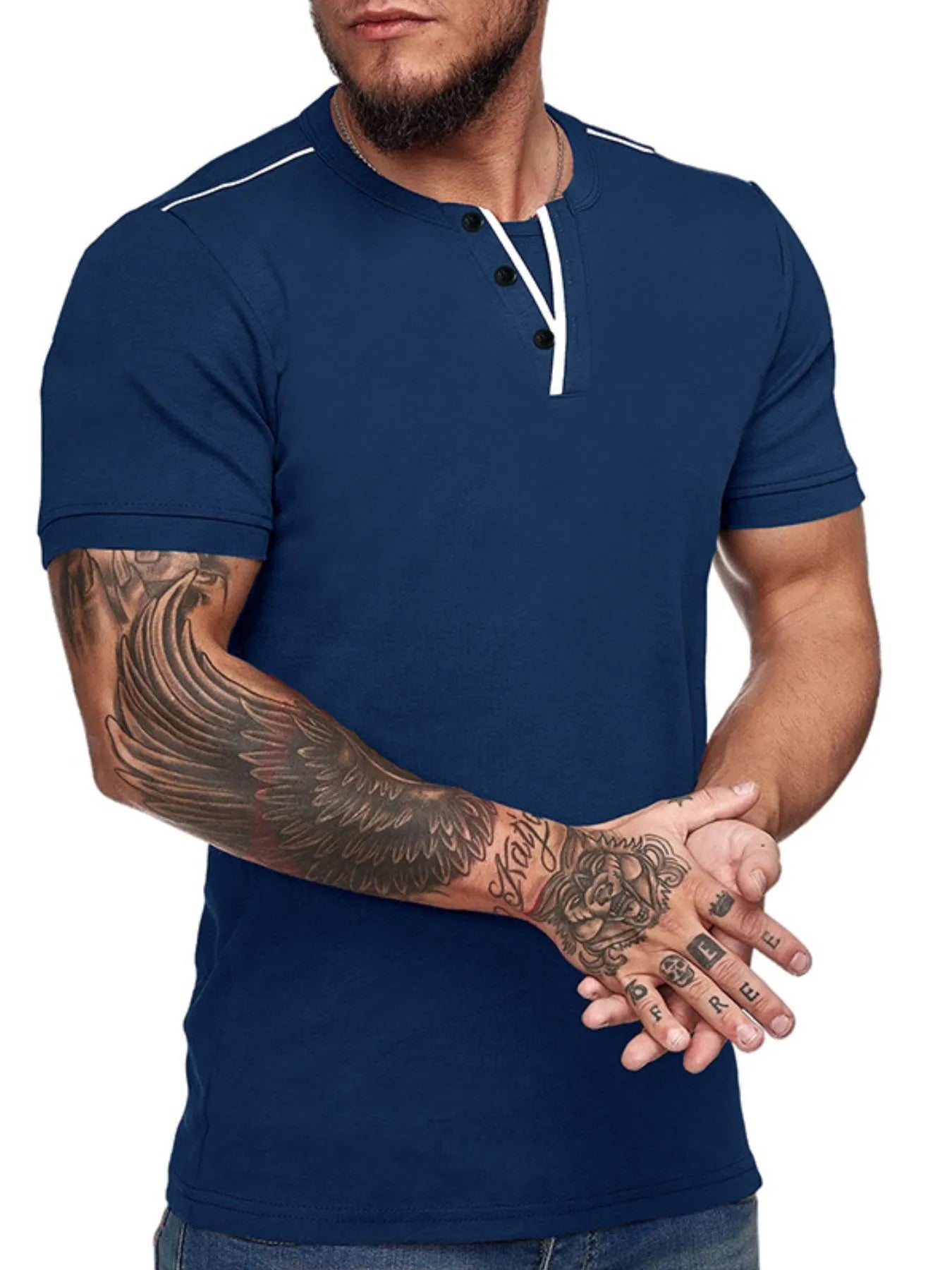 Men's Casual Henley Short Sleeve T-Shirt with Contrast Trim NicholesGifts