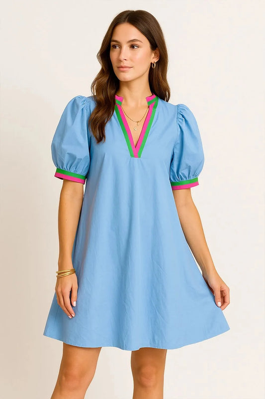 Notched Puff Sleeve Swing Dress Trendsi