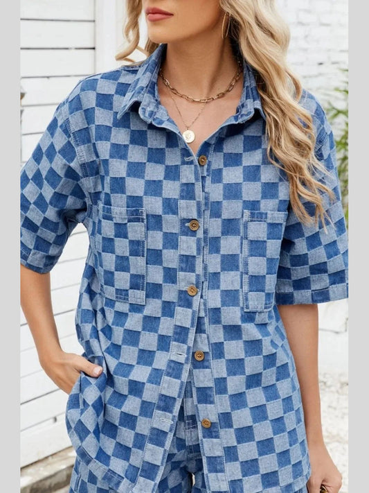Button Down Checkered Denim Shirt Trendsi