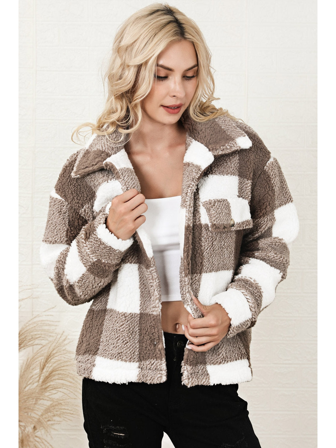 Plaid Collared Neck Drop Shoulder Jacket NicholesGifts