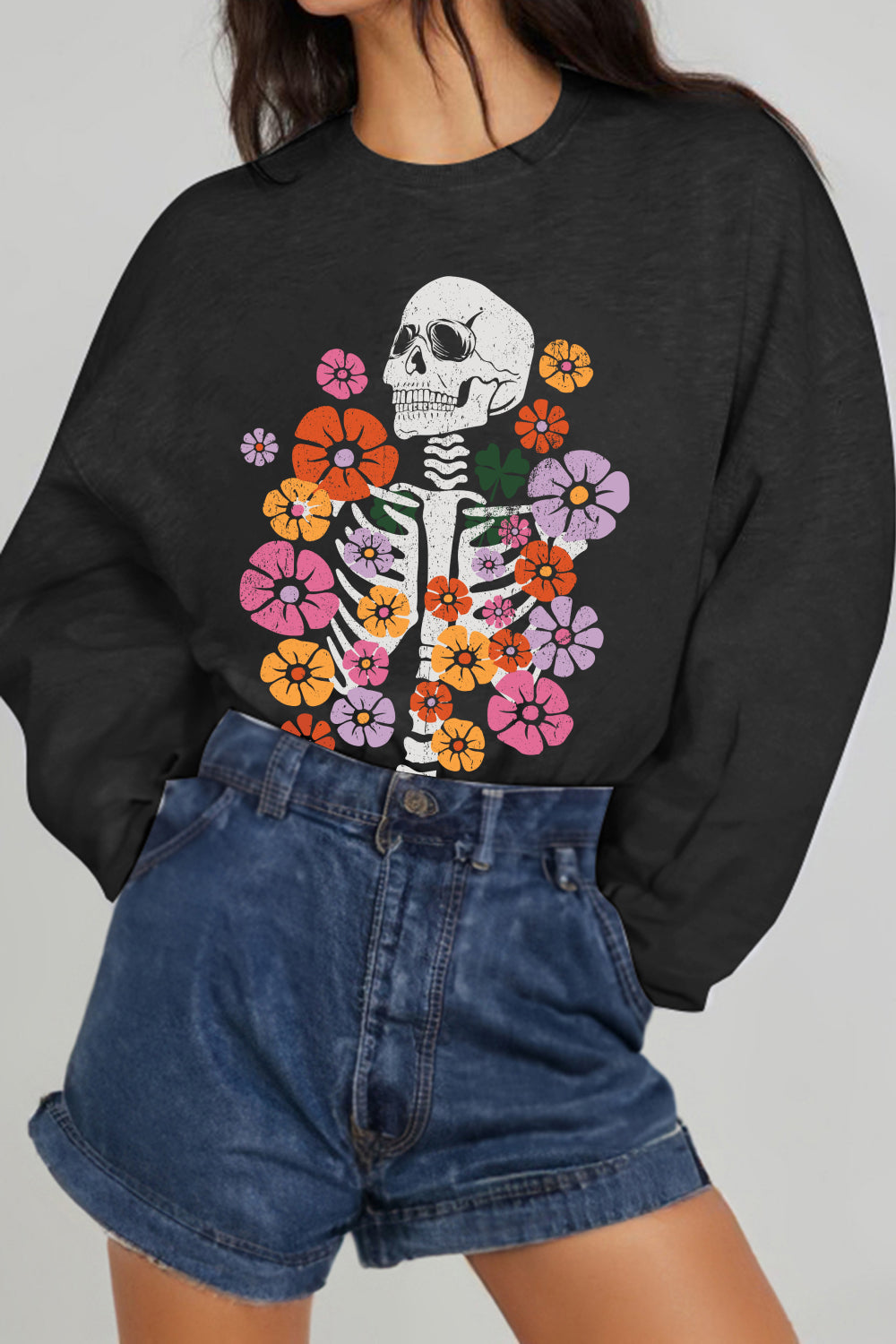 Women Simply Love Full Size Flower Skeleton Graphic Sweatshirt NicholesGifts