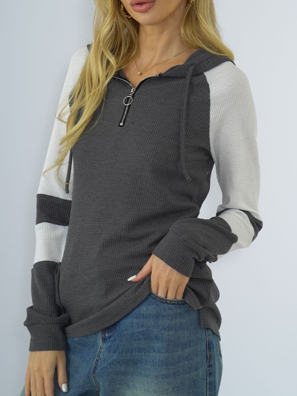 NicholesGifts Women Shiny Waffle-Knit Raglan Sleeve Zipper Front Hoodie NicholesGifts