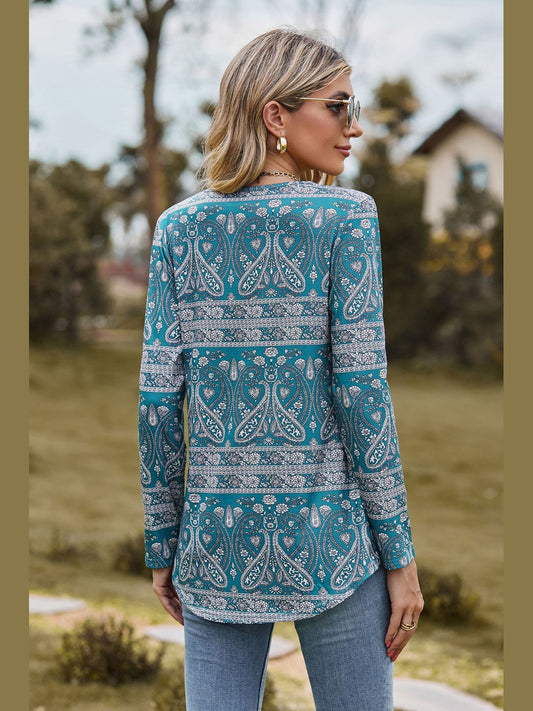 Printed Square Neck Long Sleeve Blouse nicholesgifts
