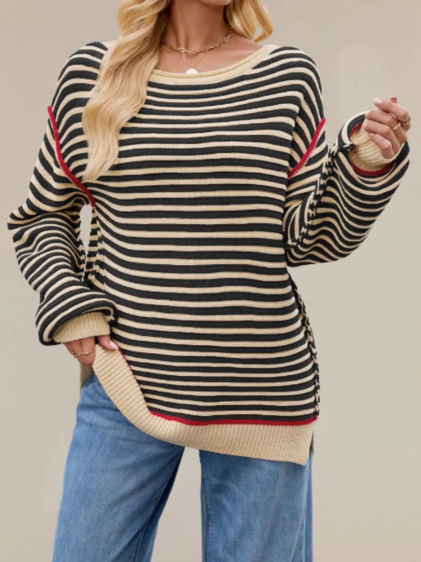 Slit Striped Oversized Sweater