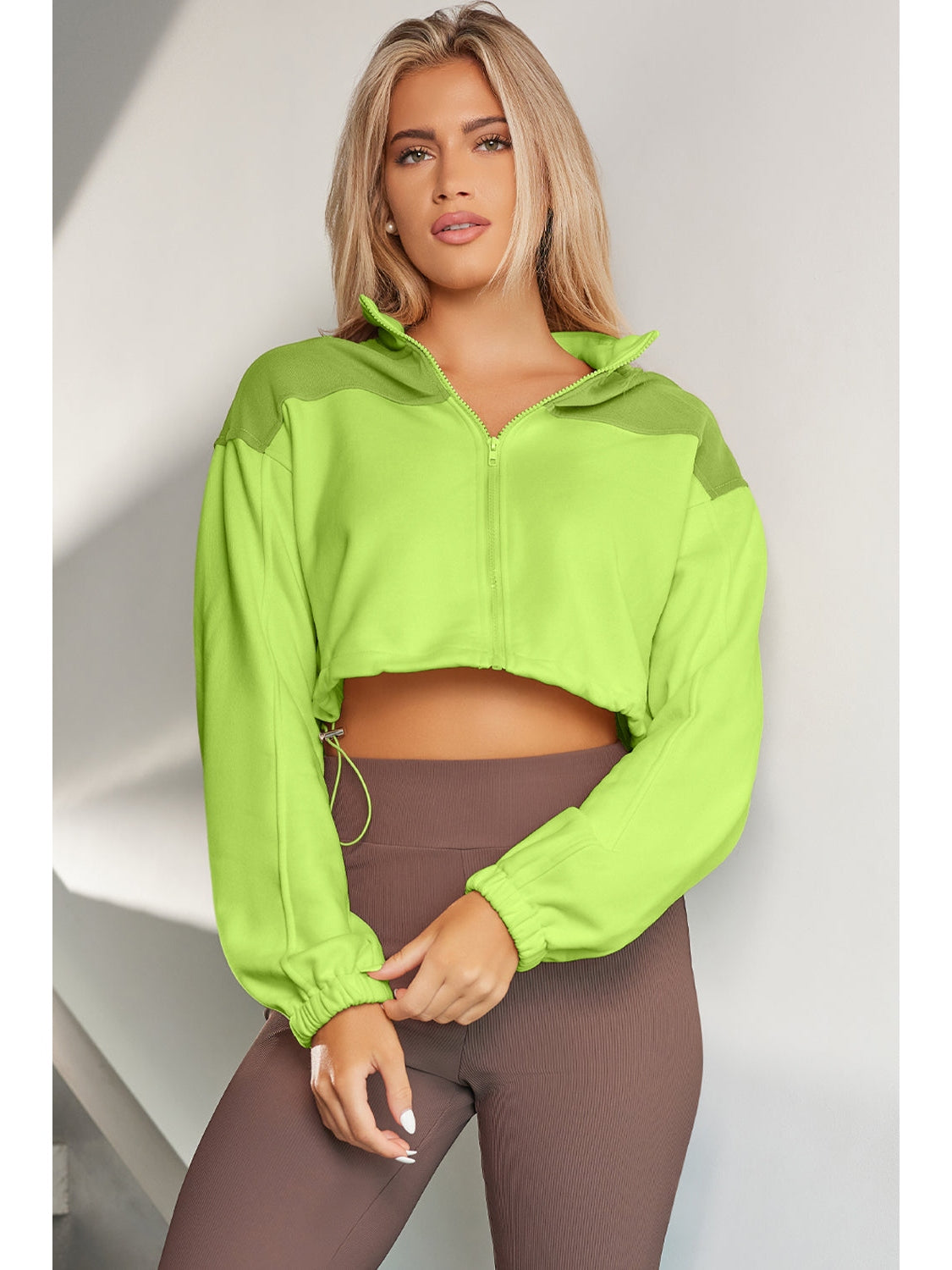 NicholesGifts Women Contrast Drawstring Zip Up Jacket NicholesGifts