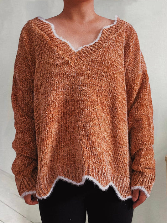 V-Neck Drop Shoulder Long Sleeve Sweater nicholesgifts