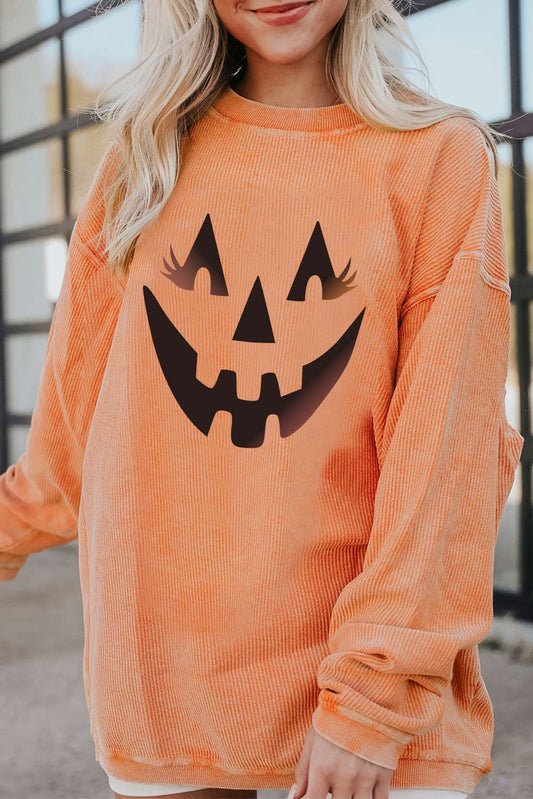 Women Round Neck Dropped Shoulder Jack-O'-Lantern Graphic Caramel Colored Sweatshirt NicholesGifts