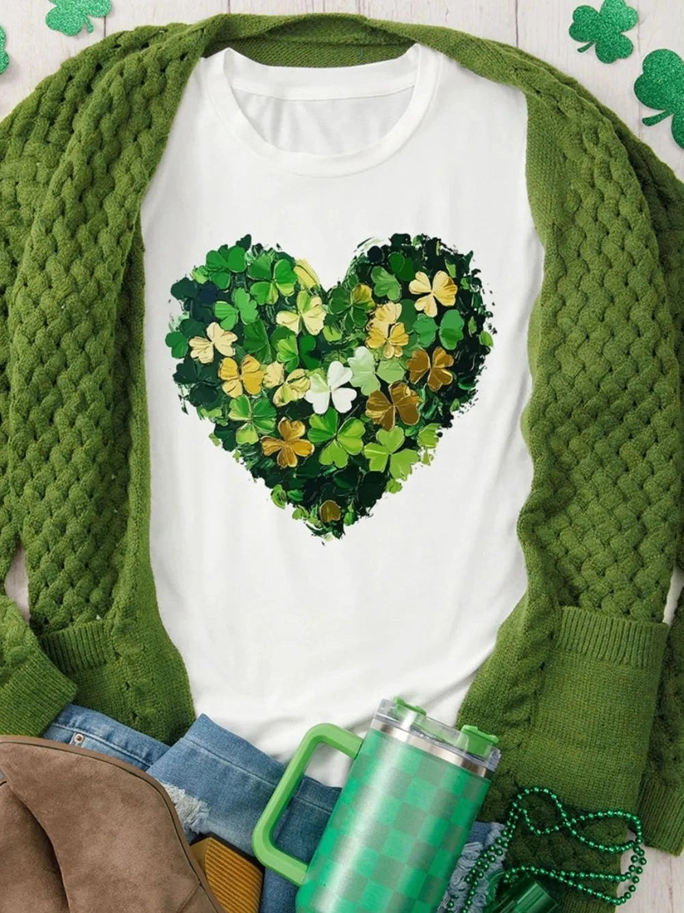 Women Clover Heart Round Neck Short Sleeve Valentine's Day T-Shirt nicholesgifts