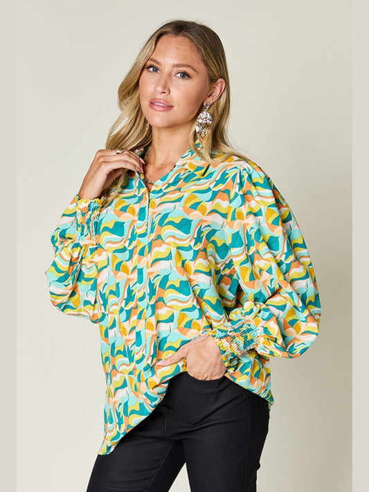 Double Take Full Size Printed Smocked Long Sleeve Blouse