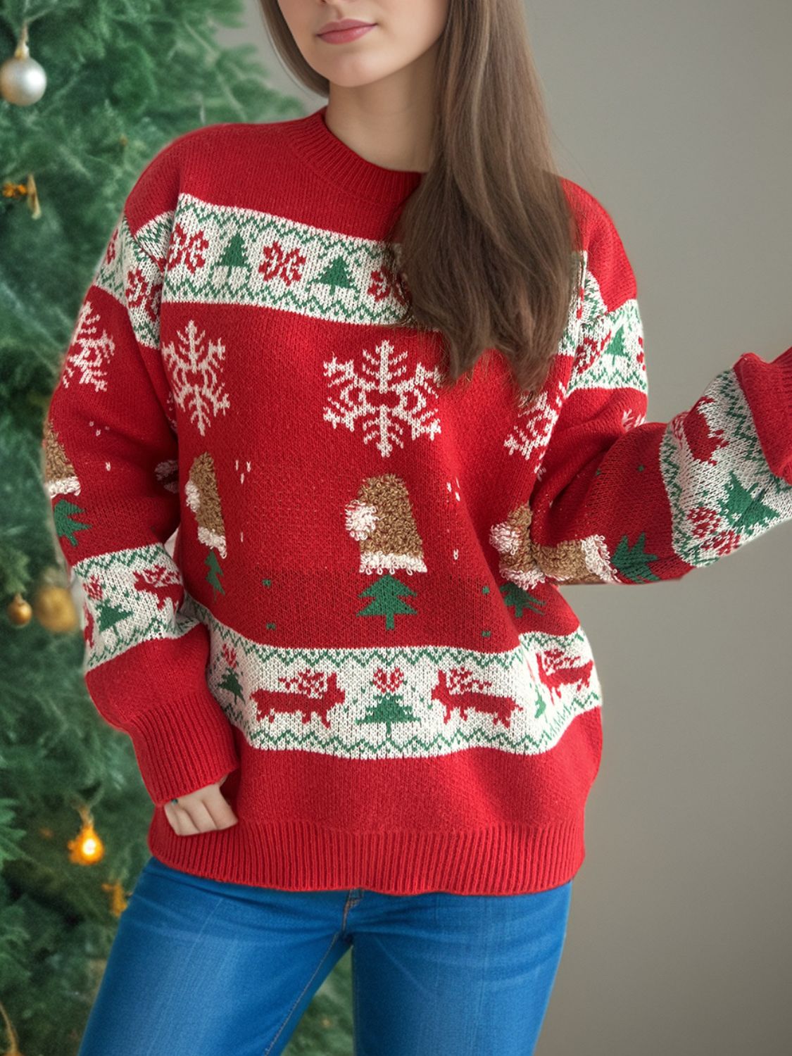 Christmas Element Round Neck Long Sleeve Sweater NicholesGifts