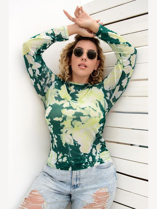 Plus Size Printed Round Neck Long Sleeve Blouse NicholesGifts