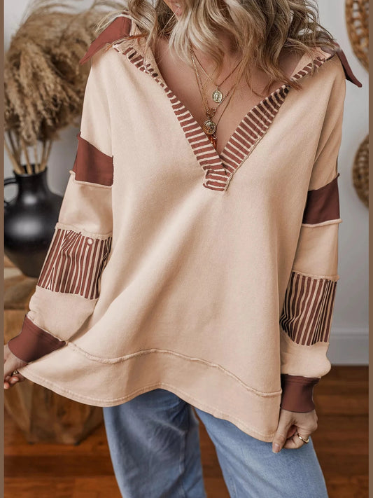 Color Block Striped Johnny Collar Sweatshirt nicholesgifts