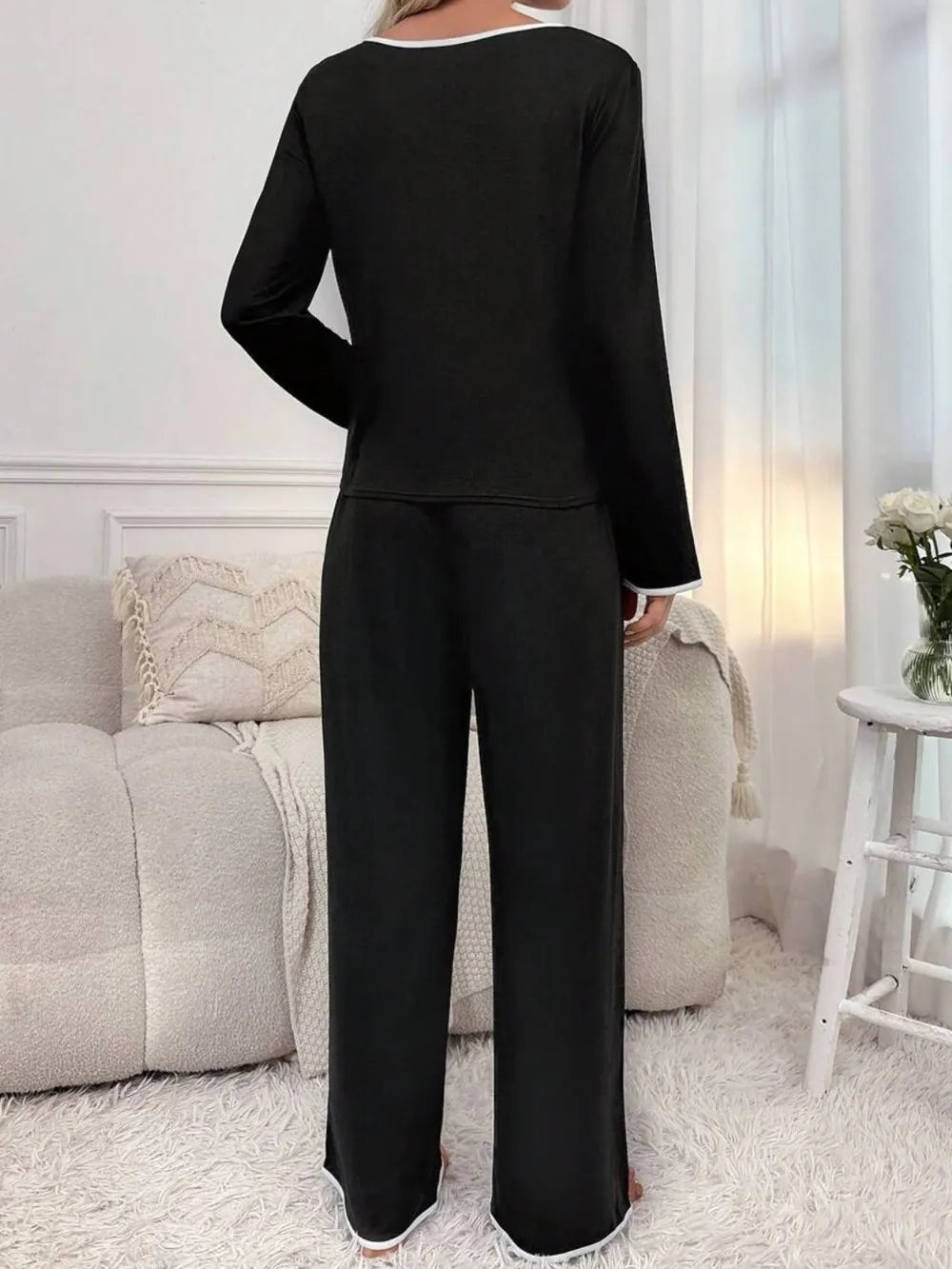 Contrast Trim Notched Long Sleeve Top and Pants Lounge Set nicholesgifts