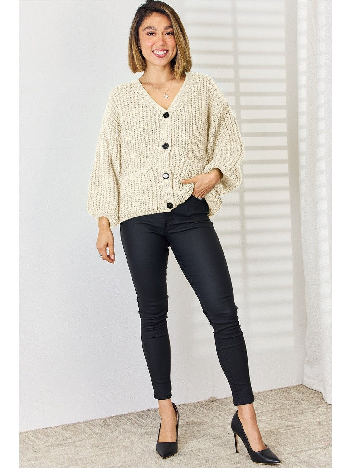 Women Pocketed Button Up Dropped Shoulder Cardigan NicholesGifts