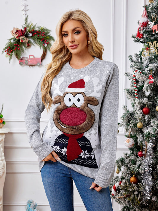 NicholesGifts Women Reindeer Round Neck Long Sleeve Christmas Sweater NicholesGifts