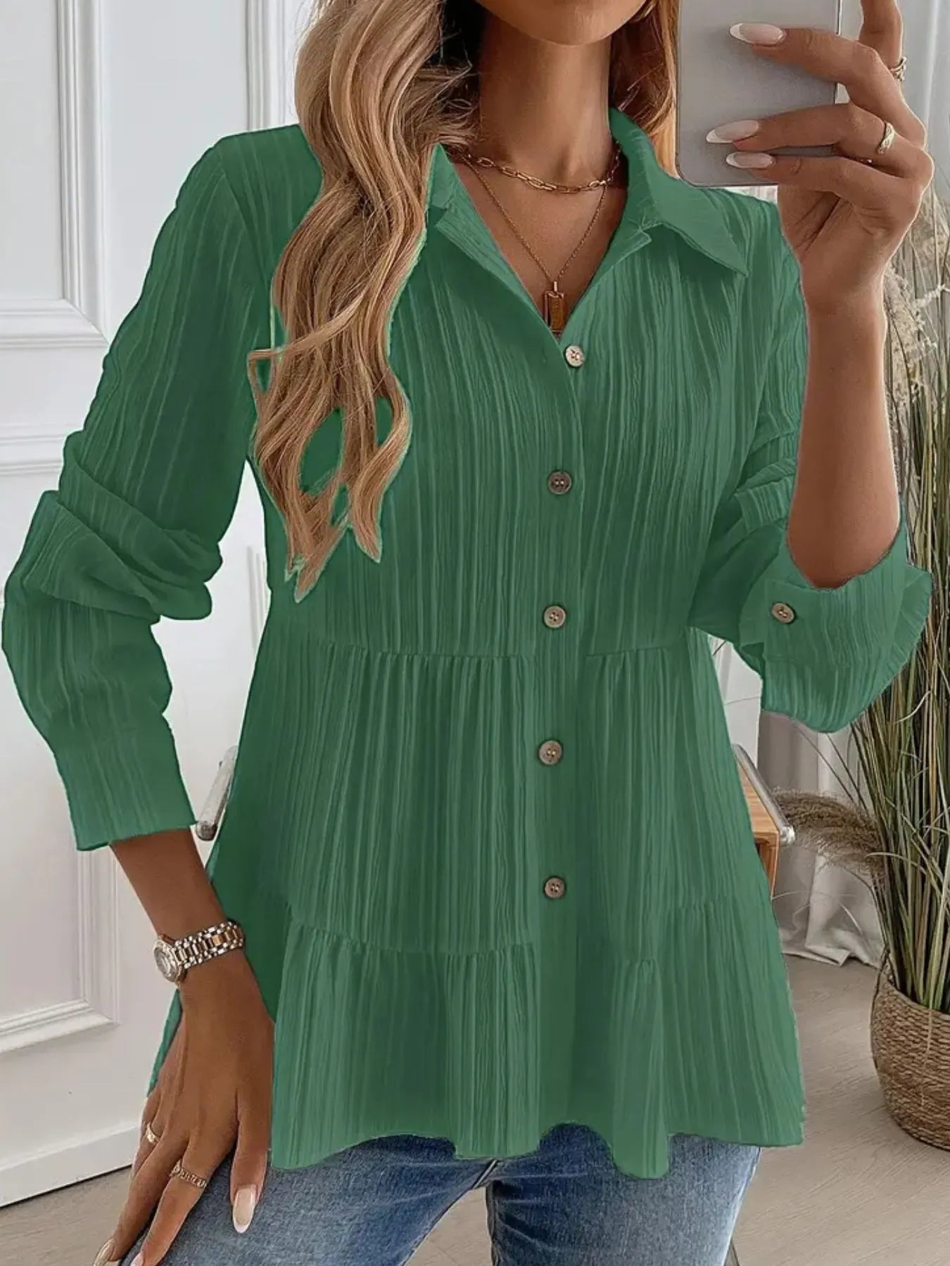 Women Striped Button-Down Tiered Shirt