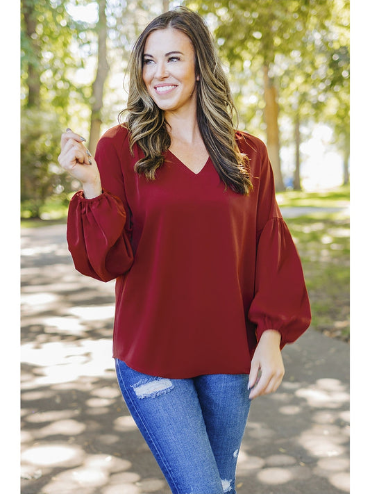 Women Ruched Notched Balloon Sleeve Blouse NicholesGifts