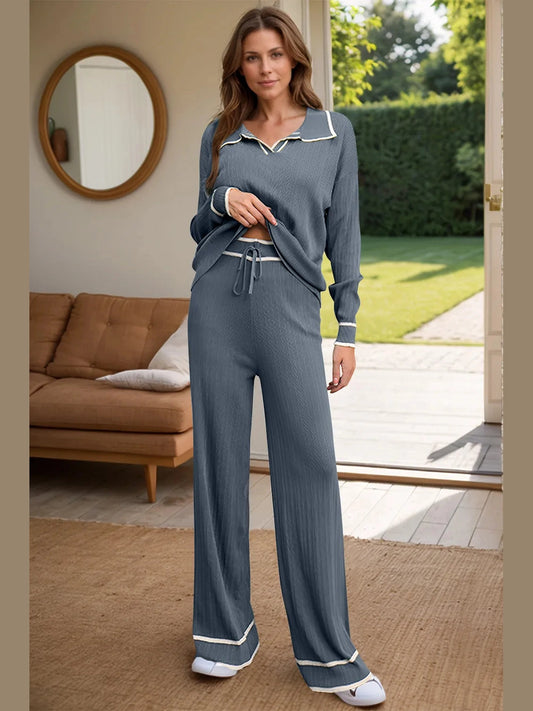 Contrast Trim Johnny Collar Top and Drawstring Pants Sweater Set nicholesgifts