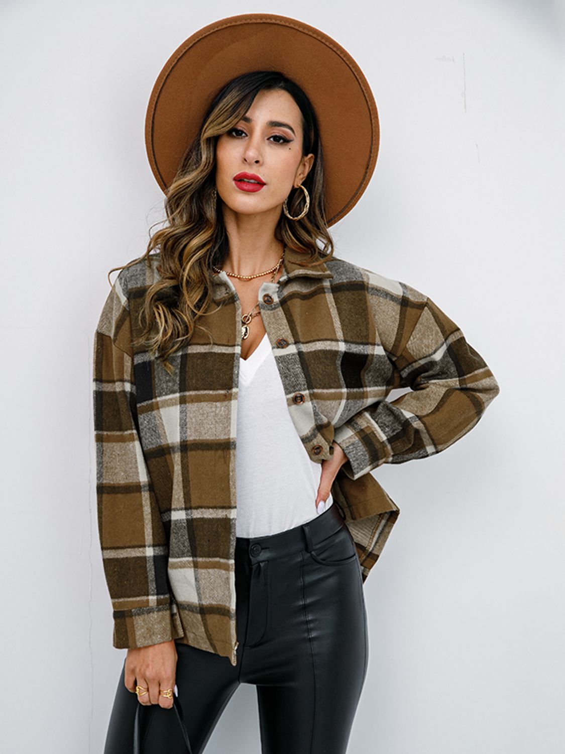 Shiny Plaid Button Up Collared Neck Jacket NicholesGifts