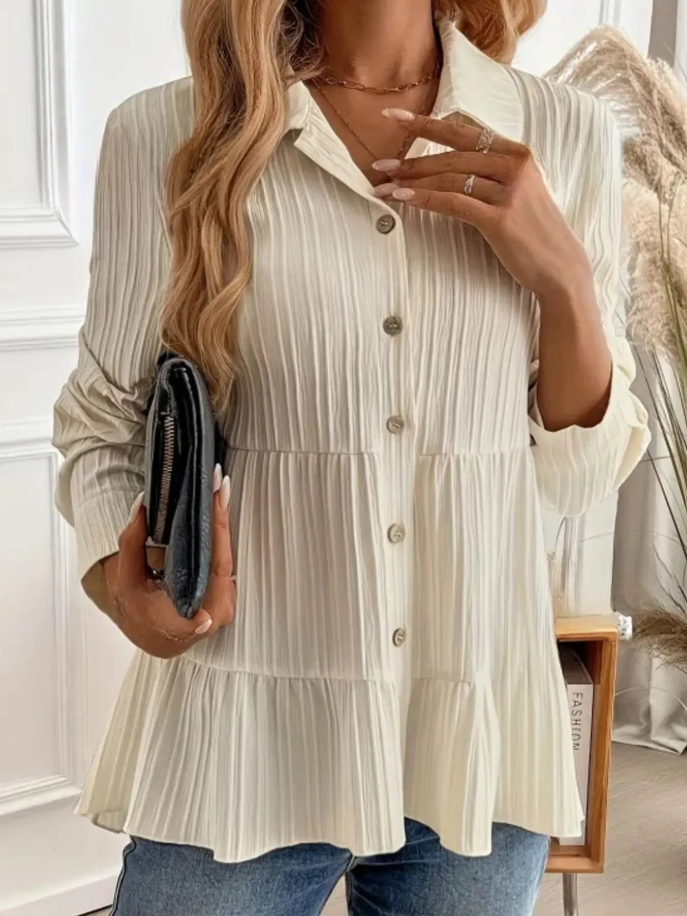 Women Striped Button-Down Tiered Shirt