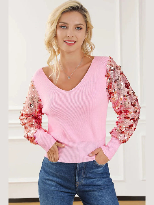 Sequin Long Sleeve V-Neck Sweater Trendsi