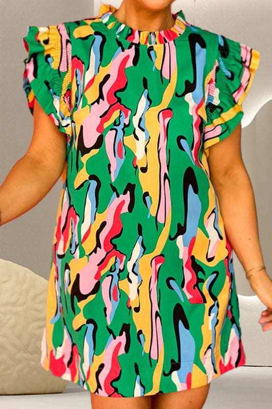 Ruffled Printed Cap Sleeve Mini Dress Trendsi