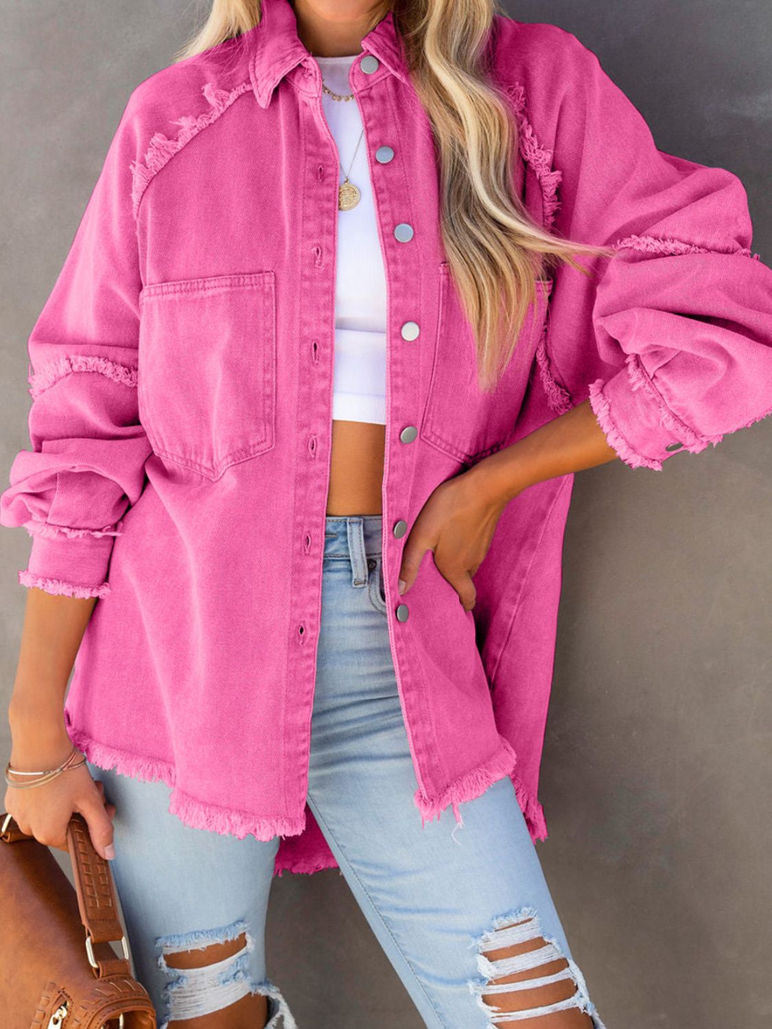 NicholesGifts Women Button Down Raw Hem Denim Jacket NicholesGifts