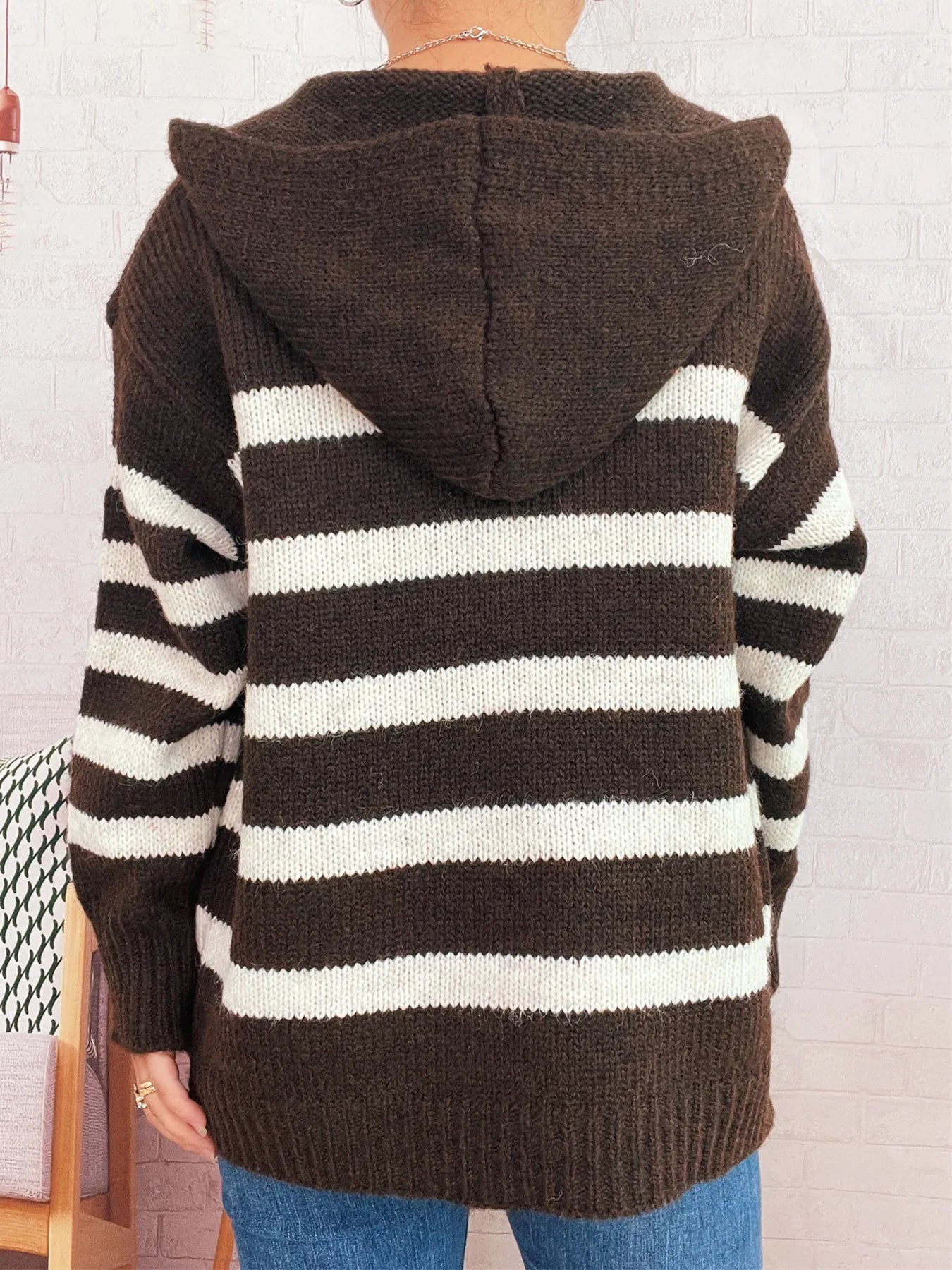 Striped Button-Up Hooded Cardigan