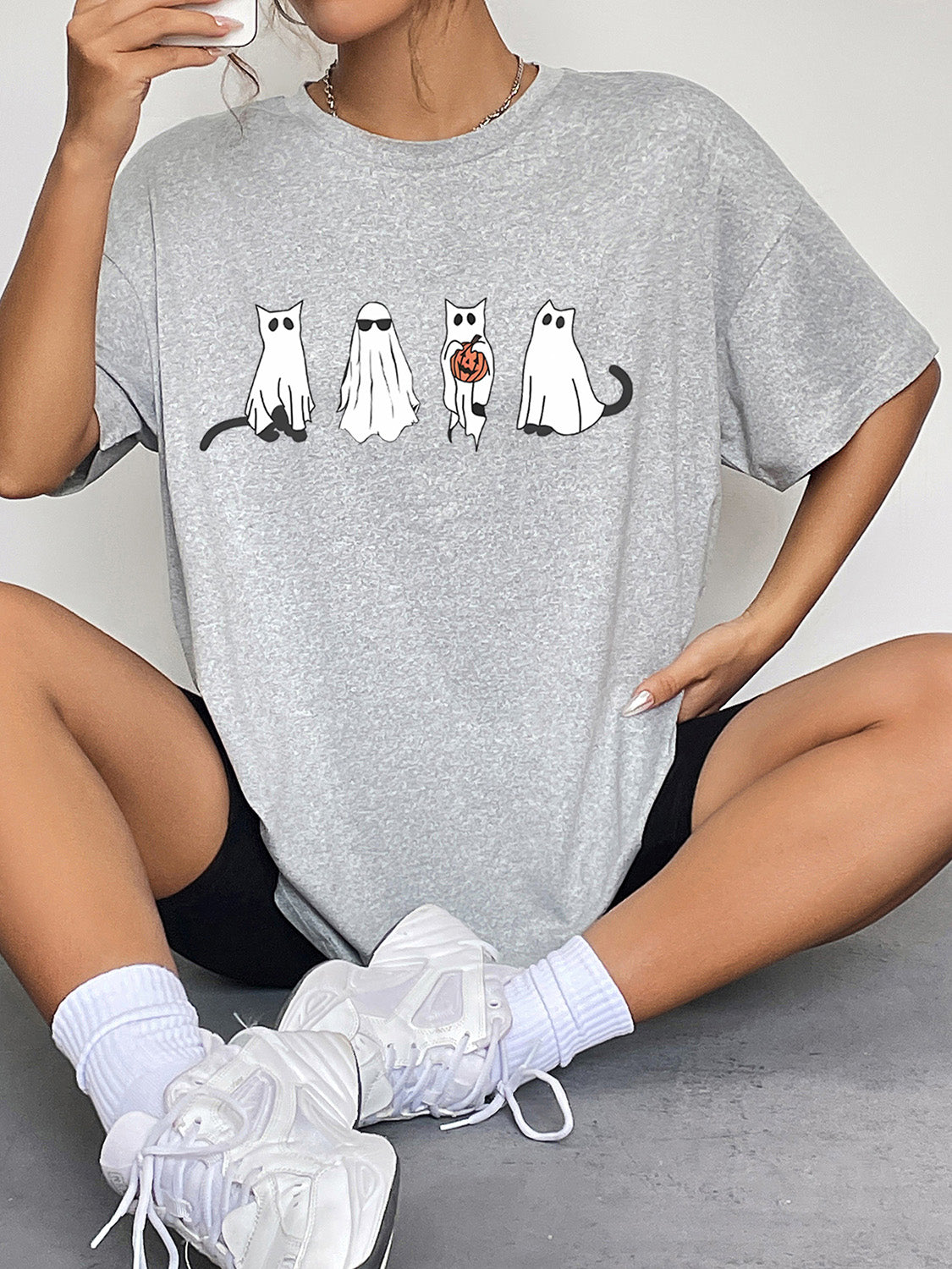 Women Round Neck Short Sleeve Ghost Graphic Halloween T-Shirt NicholesGifts