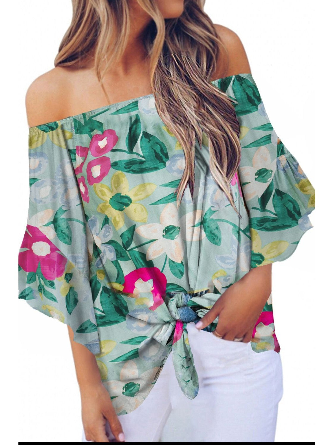 Tied Printed Off-Shoulder Half Sleeve Blouse