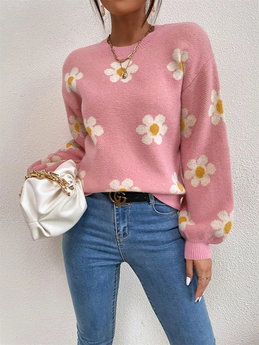 Flower Round Neck Latern Sleeve Sweater Trendsi