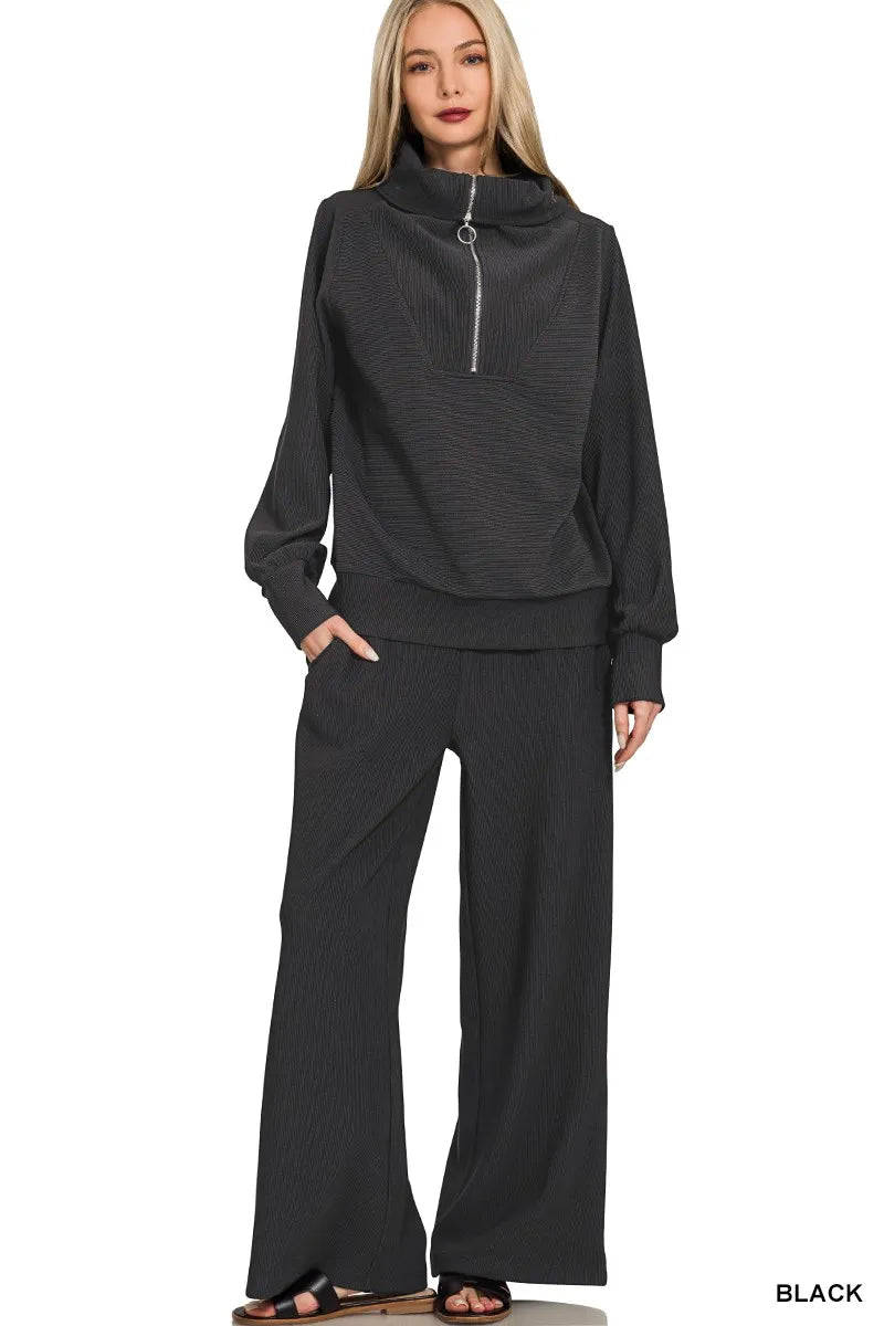Zenana Ribbed High Neck Half Zip Pullover & Pants Set Trendsi