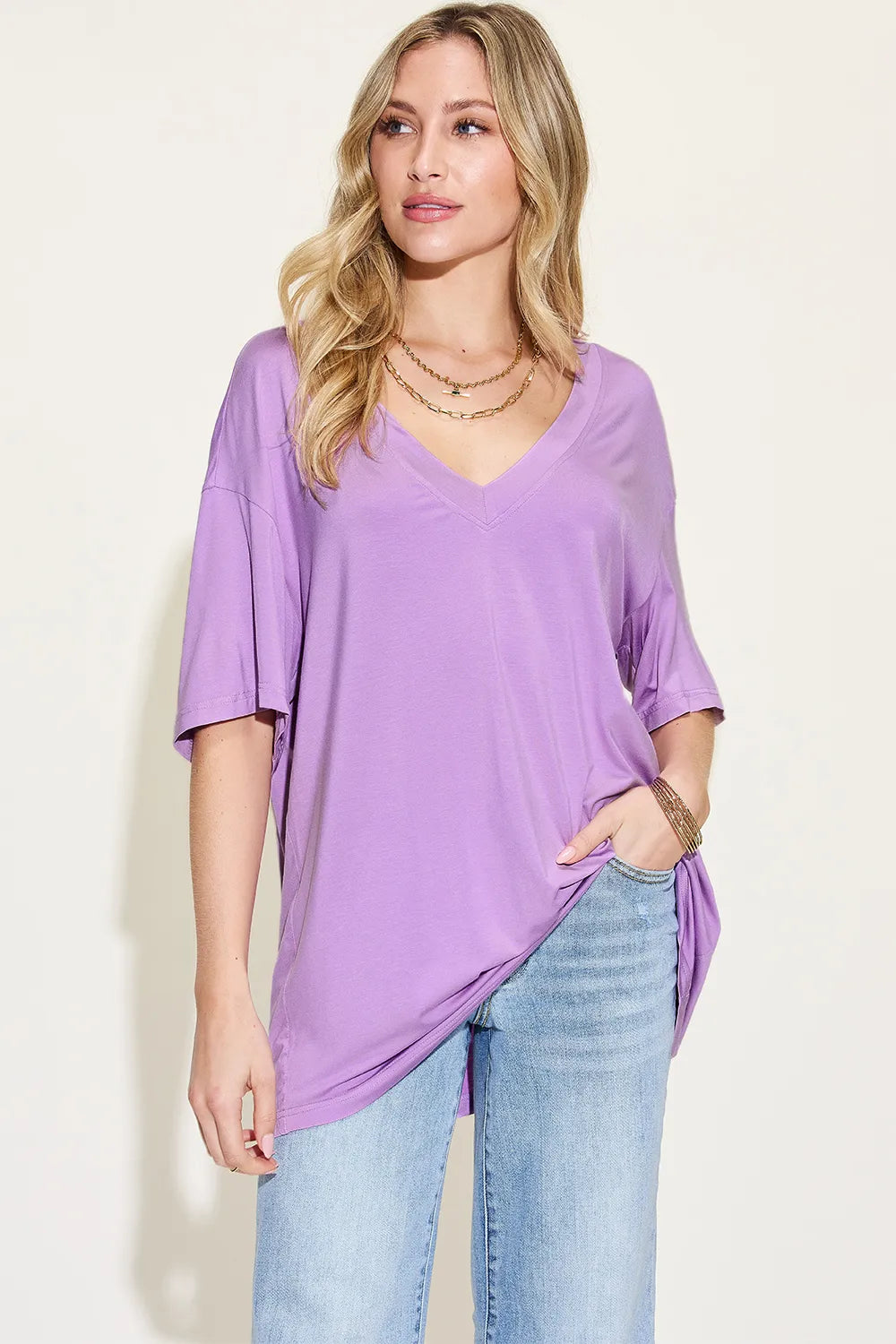 Basic Bae Full Size Bamboo V-Neck Drop Shoulder T-Shirt NicholesGifts